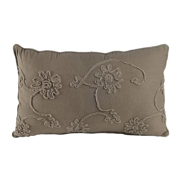 Benzara 25 X 15.5 Inch Decorative Cotton Pillow with Floral Embroidery, Set of 2, Gray