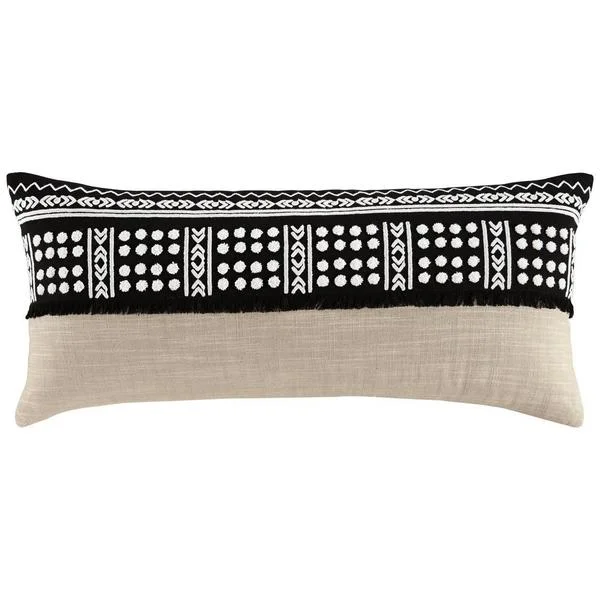 Benzara 36 x 14 Cotton Accent Pillow with Tribal Embroidery, Set of 4, Black and White