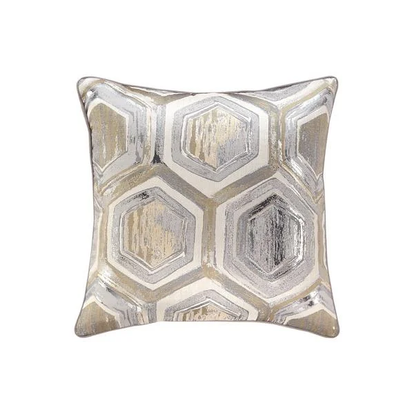 Benzara Fabric Pillow with Hexagonal Print and Zipper Closure, Set of 4, Silver