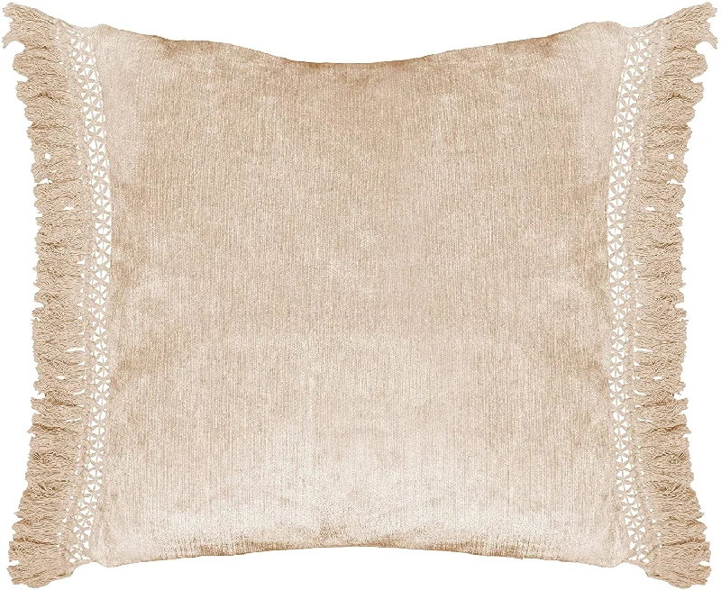 Benzara Fabric Wrapped Throw Pillow with Textured Design and Fringes, Cream