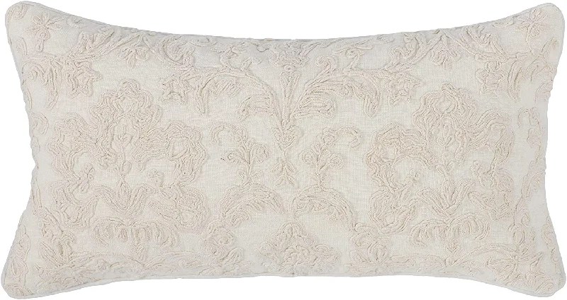 Benzara Rectangular Hand Embroidered Fabric Throw Pillow, White