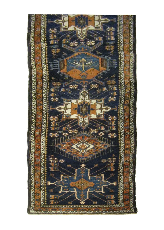 Caucasian Rug Gharabagh Handmade Runner Tribal Antique 3'3"x14'8" (3x15) Blue Orange Geometric Design #A26034