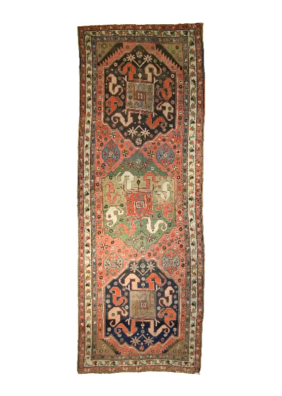 Caucasian Rug Gharabagh Handmade Runner Tribal Antique 3'7"x10'8" (4x11) Pink Green Geometric Design #A27700