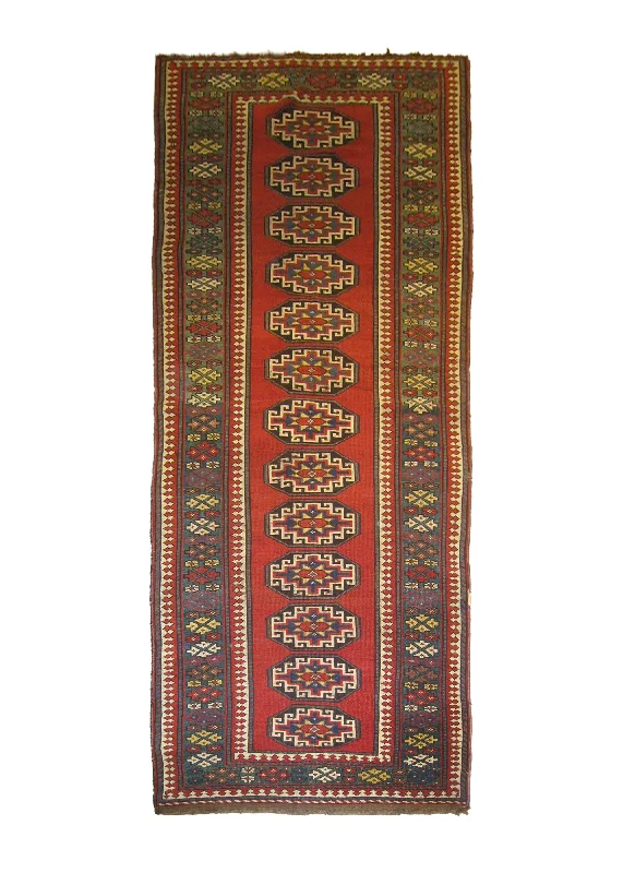 Caucasian Rug Kazak Handmade Runner Tribal Antique 3'6"x10'4" (4x10) Red Blue Geometric Design #A26559