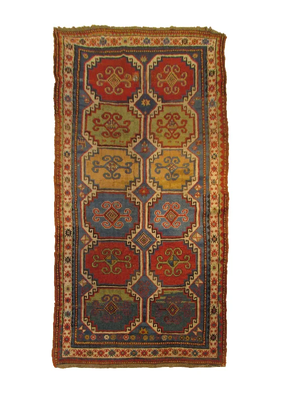 Caucasian Rug Moghan Handmade Runner Tribal Antique 4'5"x9'0" (4x9) Blue Red Geometric Design #A29042