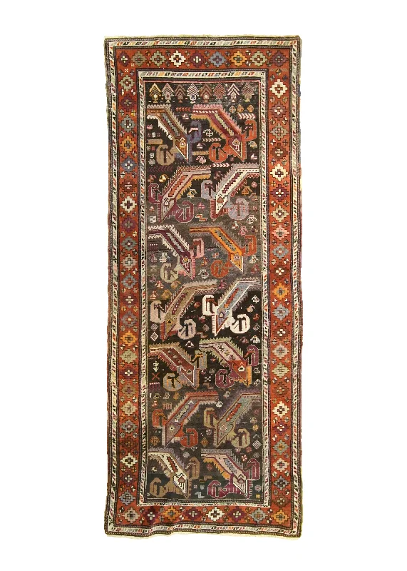 Caucasian Rug Shirvan Handmade Runner Tribal Antique 3'7"x9'0" (4x9) Gray Orange Geometric Design #A28209