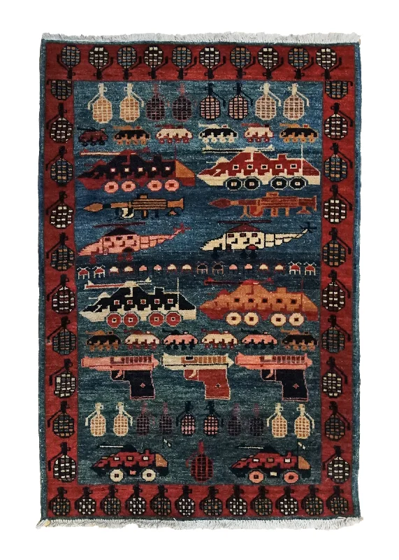 Oriental Rug Afghan Handmade Area Tribal 3'3"x4'11" (3x5) Red Blue Pictorial War Design #A34790