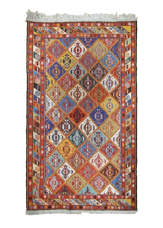 Oriental Rug Afghan Handmade Area Tribal 3'10"x6'6" (4x7) Red Multi-color Soumak Geometric Design #A34787