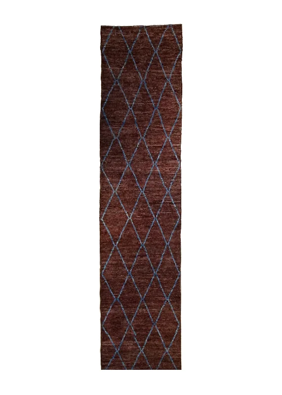 Oriental Rug Afghan Handmade Runner Transitional 3'0"x15'11" (3x16) Brown Blue Geometric Moroccan Design #A34874