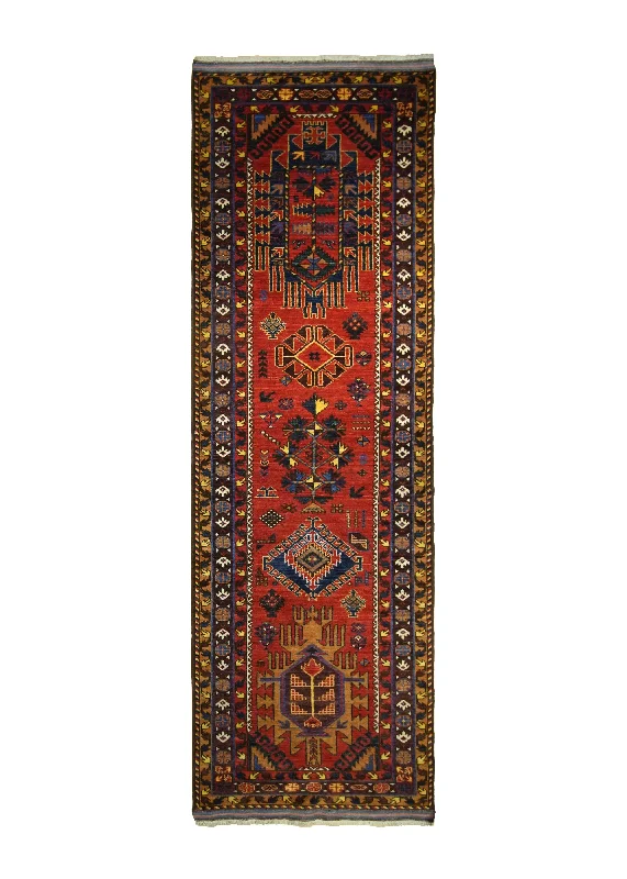 Oriental Rug Afghan Handmade Runner Transitional Tribal 3'1"x9'5" (3x9) Red Yellow/Gold Geometric Design #A29066