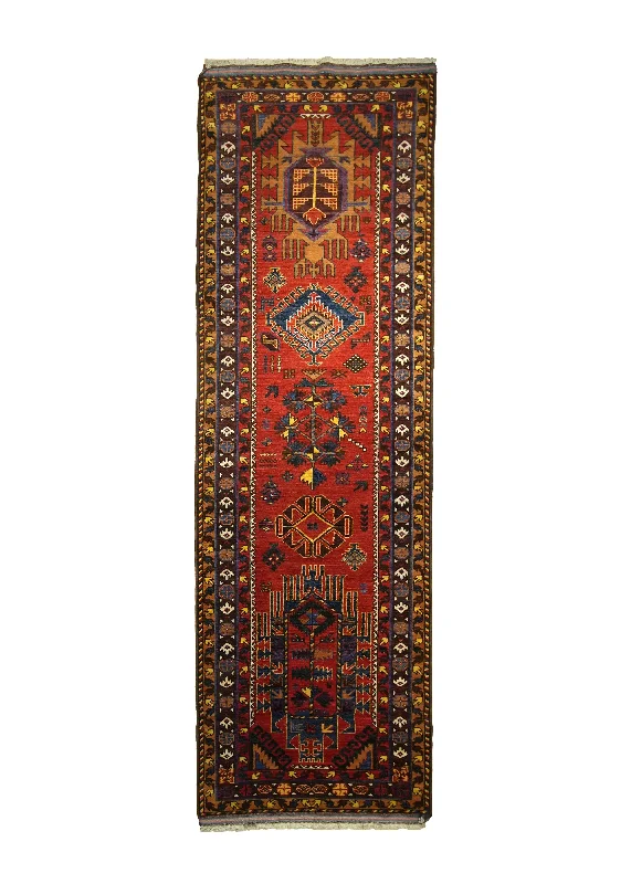 Oriental Rug Afghan Handmade Runner Transitional Tribal 3'1"x9'5" (3x9) Red Yellow/Gold Geometric Design #A29067