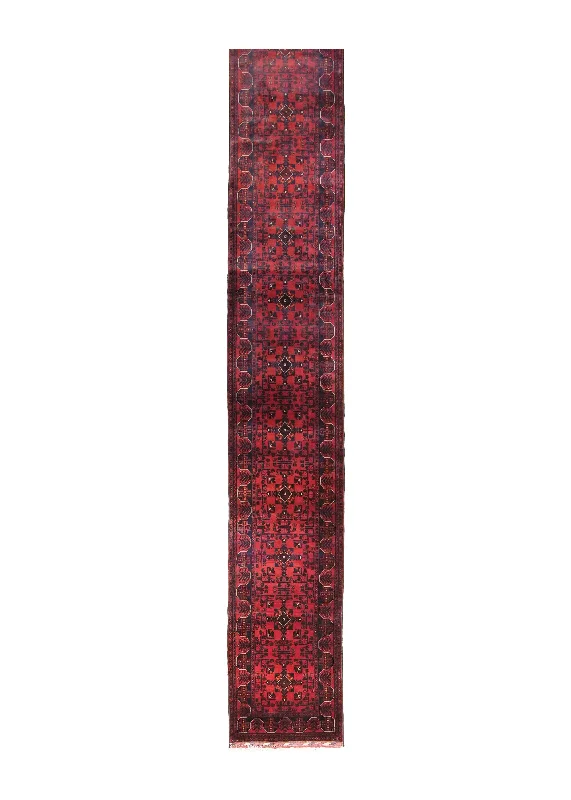 Oriental Rug Afghan Handmade Runner Tribal 2'7"x32'1" (3x32) Red Khal Mohammadi Geometric Design #A28165