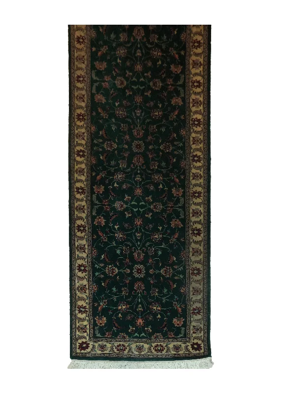 Oriental Rug Chinese Handmade Runner Traditional 2'6"x11'10" (3x12) Green Whites/Beige Varamin Floral Design #A27695