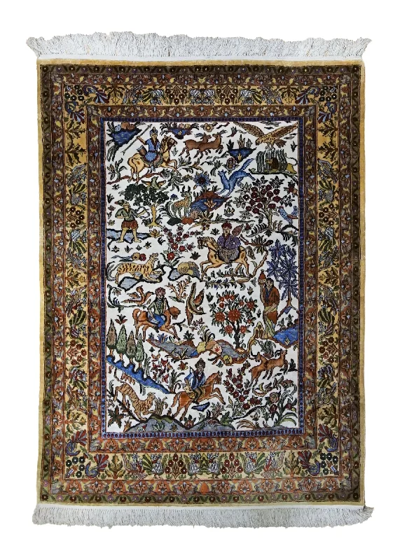 Oriental Rug Indian Handmade Area Traditional 3'5"x4'9" (3x5) Red Hunting Scene Design #A34792