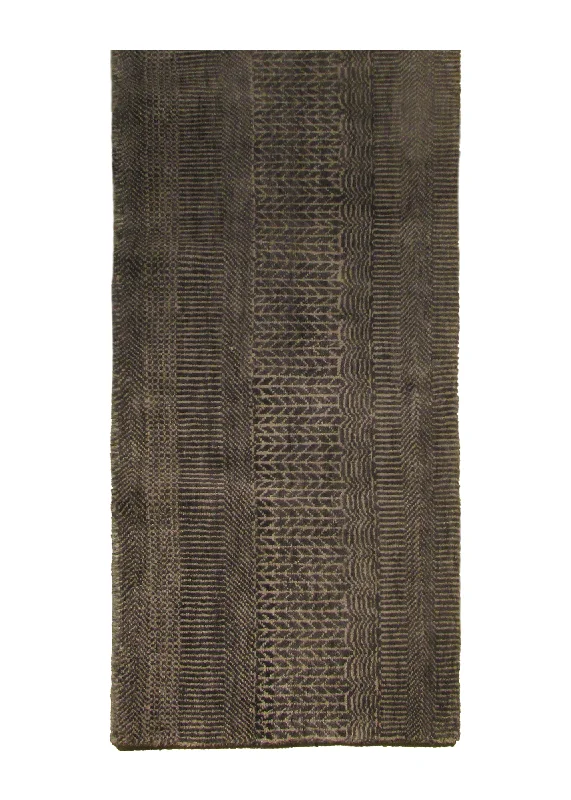 Oriental Rug Indian Handmade Runner Modern 1'10"x5'11" (2x6) Gray Whites/Beige Grass Stripes Design #A28744