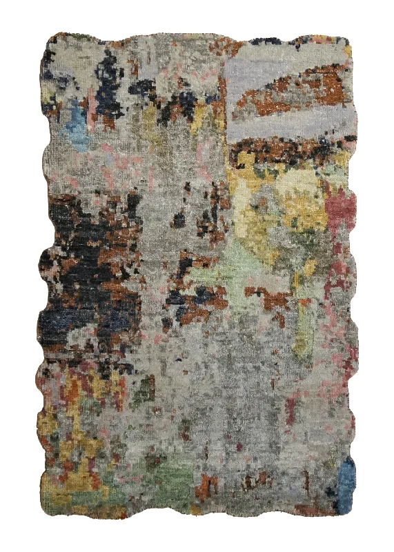 Oriental Rug Indian Handmade Area Modern 2'0"x3'0" (2x3) Multi-color Abstract Splatter Wavy Edge Design #A34972