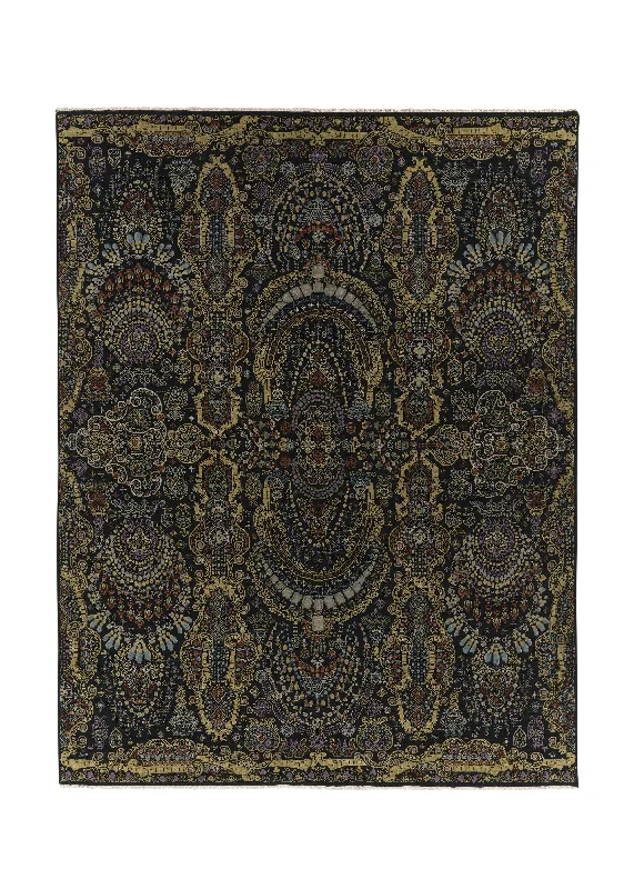 Oriental Rug Indian Handmade Area Modern 8'1"x10'5" (8x10) Black Yellow/Gold Mille Fleur Design #33101