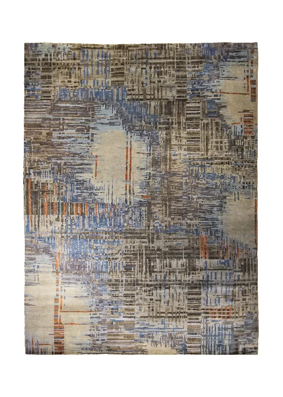 Oriental Rug Indian Handmade Area Modern 8'10"x11'10" (9x12) Blue Whites/Beige Brown Abstract Erased Stripes Design #A34841