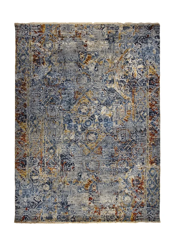 Oriental Rug Indian Handmade Area Modern 9'1"x12'2" (9x12) Blue Yellow/Gold Abstract Erased Design #A34720