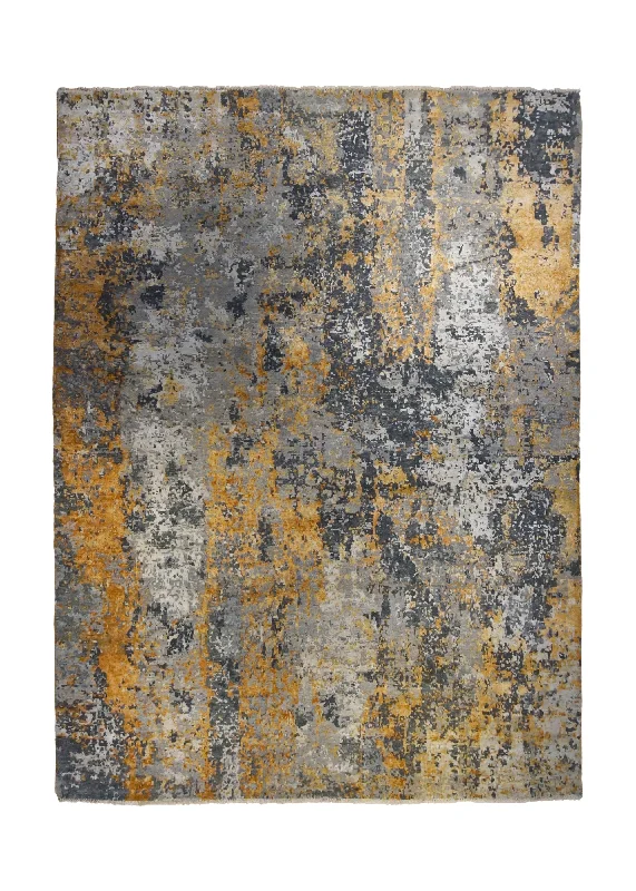 Oriental Rug Indian Handmade Area Modern 9'1"x12'0" (9x12) Gray Yellow/Gold Abstract Splatter Design #A34729