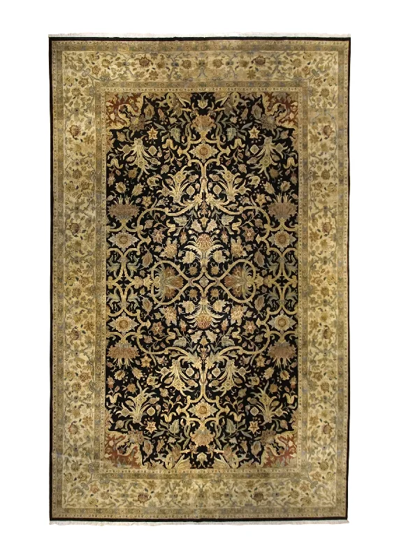 Oriental Rug Indian Handmade Area Transitional 14'2"x21'6" (14x22) Black Yellow/Gold Tea Washed Floral Jaipur Design #A34988