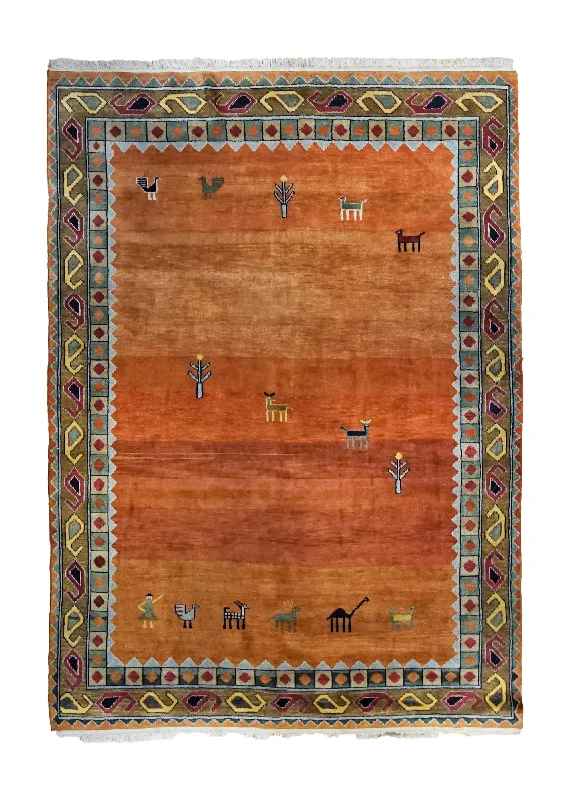 Oriental Rug Indian Handmade Area Transitional 5'8"x7'11" (6x8) Orange Open Animals Design #A34794