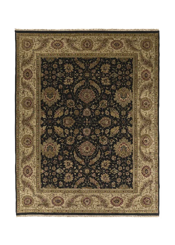 Oriental Rug Indian Handmade Area Transitional 8'0"x10'2" (8x10) Black Whites/Beige Jaipur Floral Design #32300