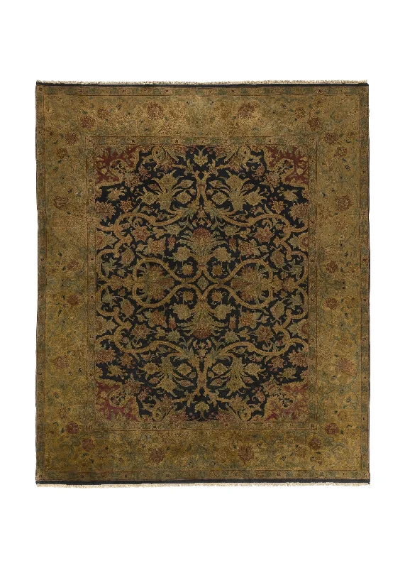 Oriental Rug Indian Handmade Area Transitional 8'0"x9'6" (8x10) Black Yellow/Gold Jaipur Floral Design #33560