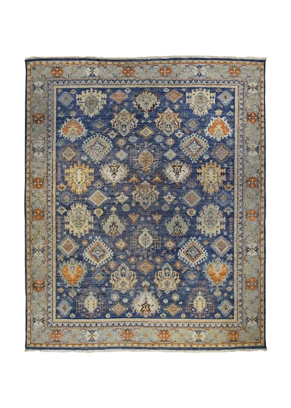 Oriental Rug Indian Handmade Area Transitional 8'1"x9'8" (8x10) Blue Orange Kazak Design #A34728