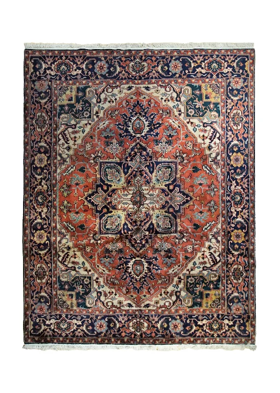 Oriental Rug Indian Handmade Area Transitional Tribal 7'11"x10'3" (8x10) Red Blue Geometric Heriz Design #A34888