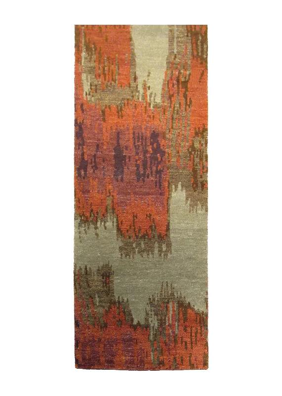 Oriental Rug Indian Handmade Runner Modern 2'7"x10'0" (3x10) Orange Green Brown Splatter Abstract Design #A28443