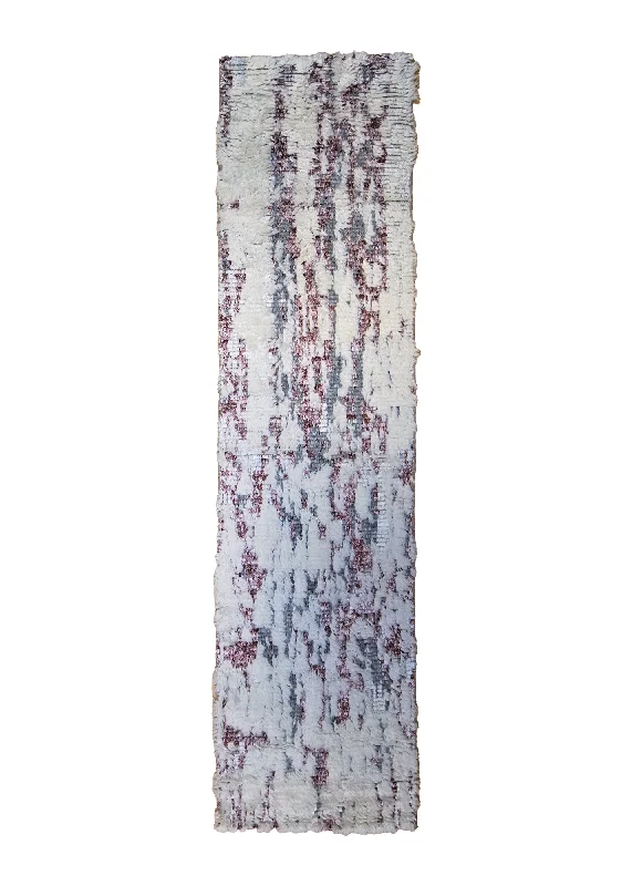 Oriental Rug Indian Handmade Runner Modern 2'6"x10'0" (3x10) Whites/Beige Red Wavy Edge Shag Abstract Splatter Design #A34739