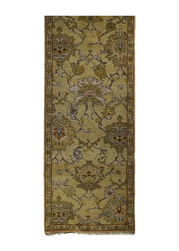 Oriental Rug Indian Handmade Runner Transitional 2'5"x29'10" (2x30) Yellow/Gold Geometric Oushak Design #A27913