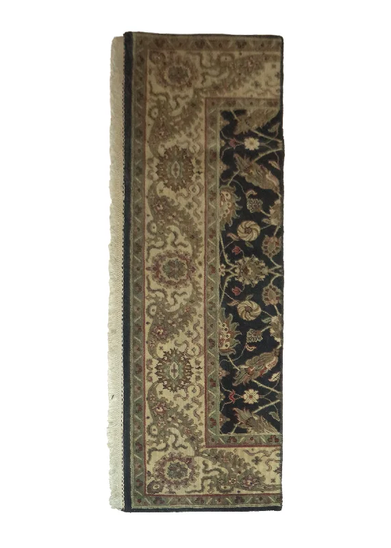 Oriental Rug Indian Handmade Runner Transitional 1'7"x6'0" (2x6) Black Yellow/Gold Green Tea Washed Floral Partition Design #A27602