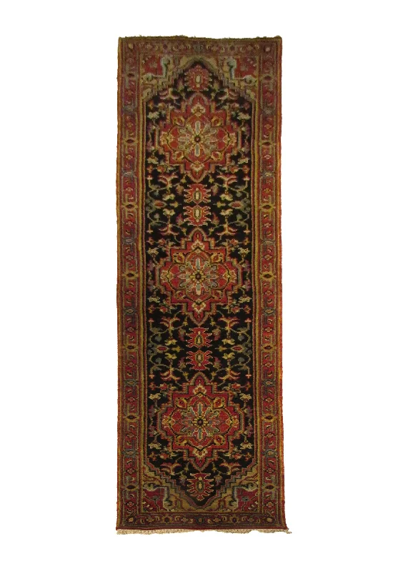 Oriental Rug Indian Handmade Runner Transitional 2'6"x10'1" (3x10) Black Red Geometric Design #A29275