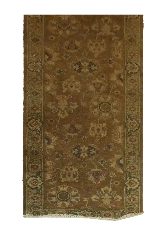 Oriental Rug Indian Handmade Runner Transitional 2'7"x10'0" (3x10) Brown Green Floral Design #A27506