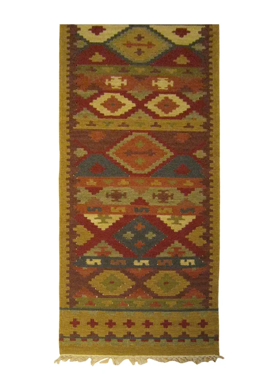 Oriental Rug Indian Handmade Runner Transitional 2'6"x10'0" (3x10) Brown Red Multi-color Dhurrie Geometric Design #A25858