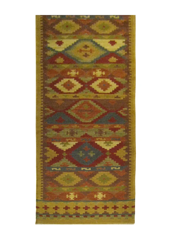 Oriental Rug Indian Handmade Runner Transitional 2'6"x10'0" (3x10) Brown Red Multi-color Dhurrie Geometric Design #A25860