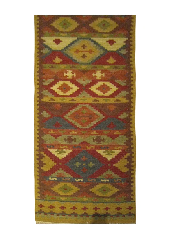 Oriental Rug Indian Handmade Runner Transitional 2'6"x10'0" (3x10) Brown Red Multi-color Dhurrie Geometric Design #A25861