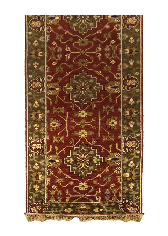 Oriental Rug Indian Handmade Runner Transitional 2'8"x10'1" (3x10) Red Brown Yellow/Gold Geometric Design #A27871