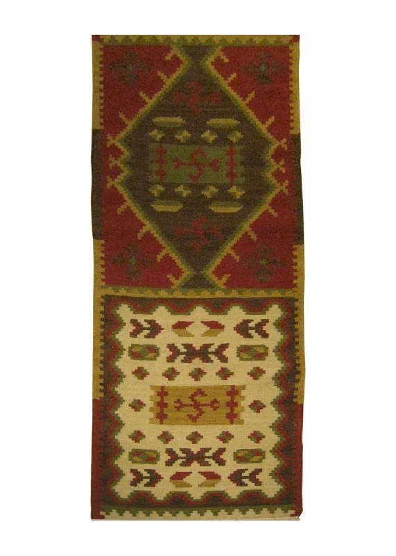 Oriental Rug Indian Handmade Runner Transitional 2'6"x10'0" (3x10) Red Green Whites/Beige Dhurrie Geometric Design #A25865