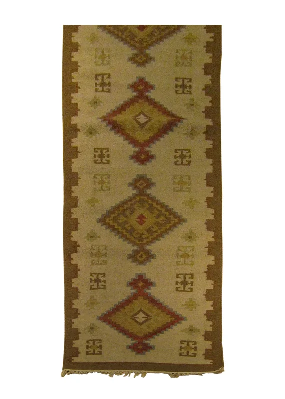 Oriental Rug Indian Handmade Runner Transitional 2'6"x10'0" (3x10) Whites/Beige Brown Dhurrie Geometric Design #A25864