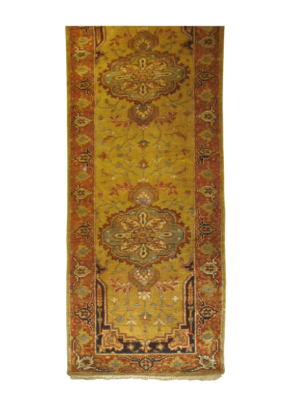 Oriental Rug Indian Handmade Runner Transitional 2'7"x9'11" (3x10) Yellow/Gold Red Geometric Design #A27082