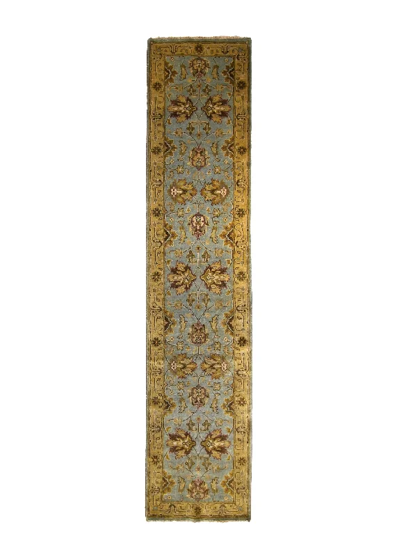 Oriental Rug Indian Handmade Runner Transitional 2'7"x12'2" (3x12) Blue Yellow/Gold Geometric Oushak Design #A27128