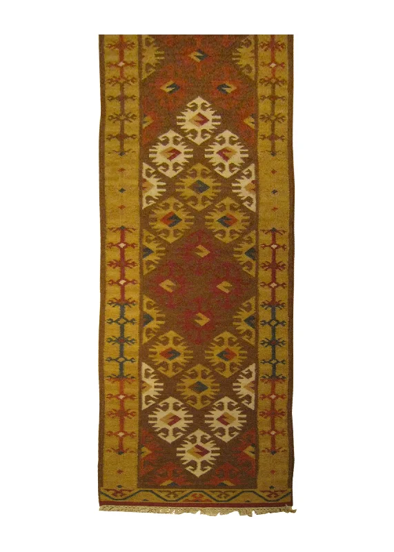 Oriental Rug Indian Handmade Runner Transitional 2'6"x12'0" (3x12) Brown Red Multi-color Dhurrie Geometric Design #A25869