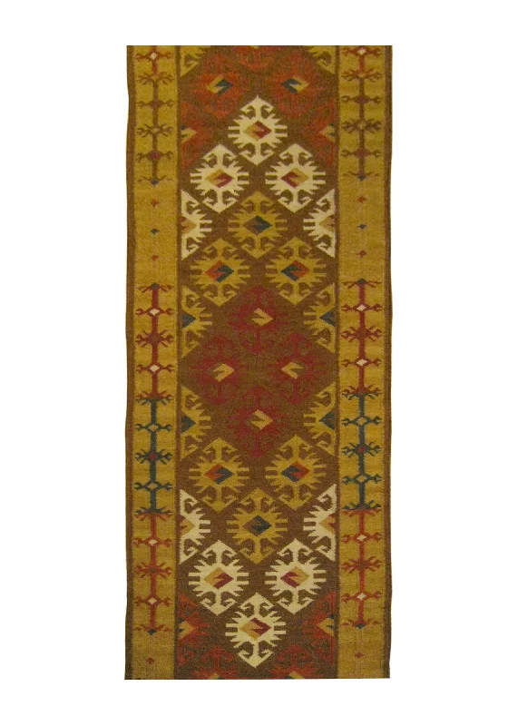 Oriental Rug Indian Handmade Runner Transitional 2'6"x12'0" (3x12) Brown Red Multi-color Dhurrie Geometric Design #A25870