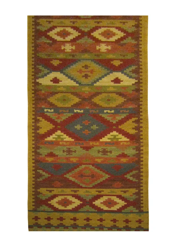 Oriental Rug Indian Handmade Runner Transitional 2'6"x12'0" (3x12) Brown Red Multi-color Dhurrie Geometric Design #A25895