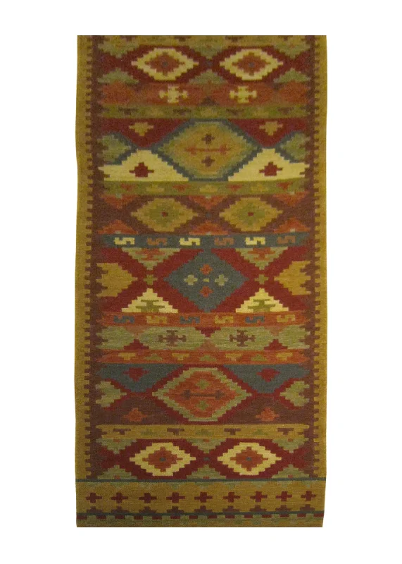 Oriental Rug Indian Handmade Runner Transitional 2'6"x12'0" (3x12) Brown Red Multi-color Dhurrie Geometric Design #A25896