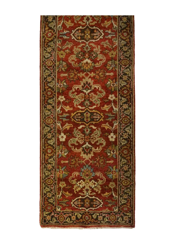 Oriental Rug Indian Handmade Runner Transitional 2'8"x12'0" (3x12) Red Brown Geometric Design #A27906