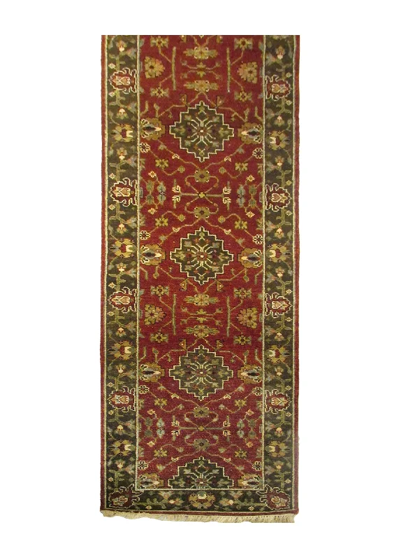 Oriental Rug Indian Handmade Runner Transitional 2'6"x11'10" (3x12) Red Brown Whites/Beige Floral Design #A28515